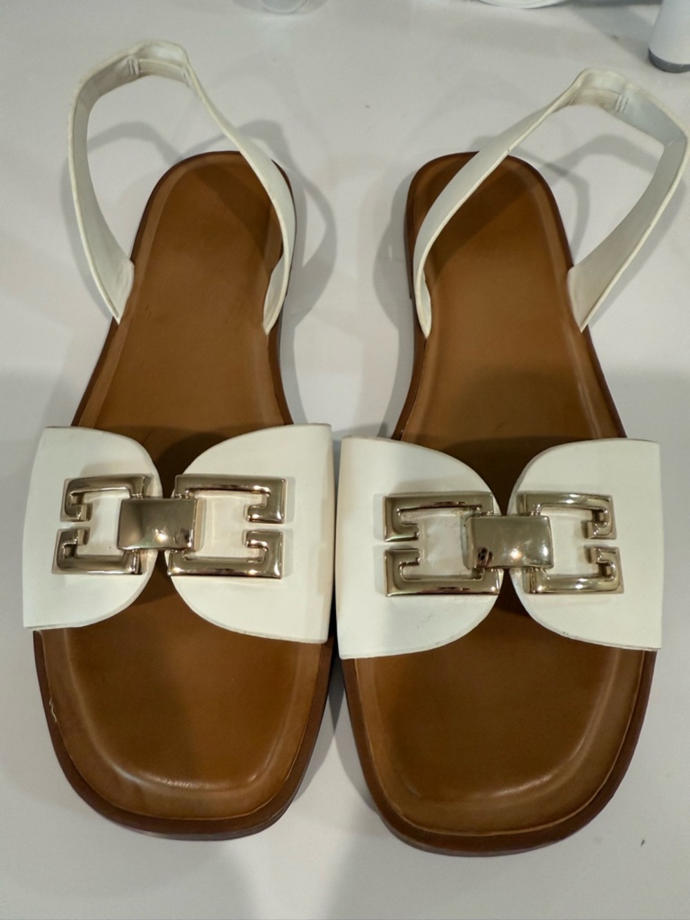 Aldo White Slingback Sandals with Gold Buckle